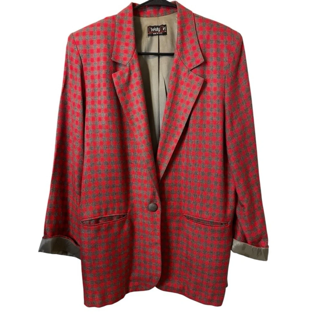 Vintage Christy Girl Oversized Blazer Jacket Women 8 Red Gray Plaid 80s 90s USA - Picture 2 of 8